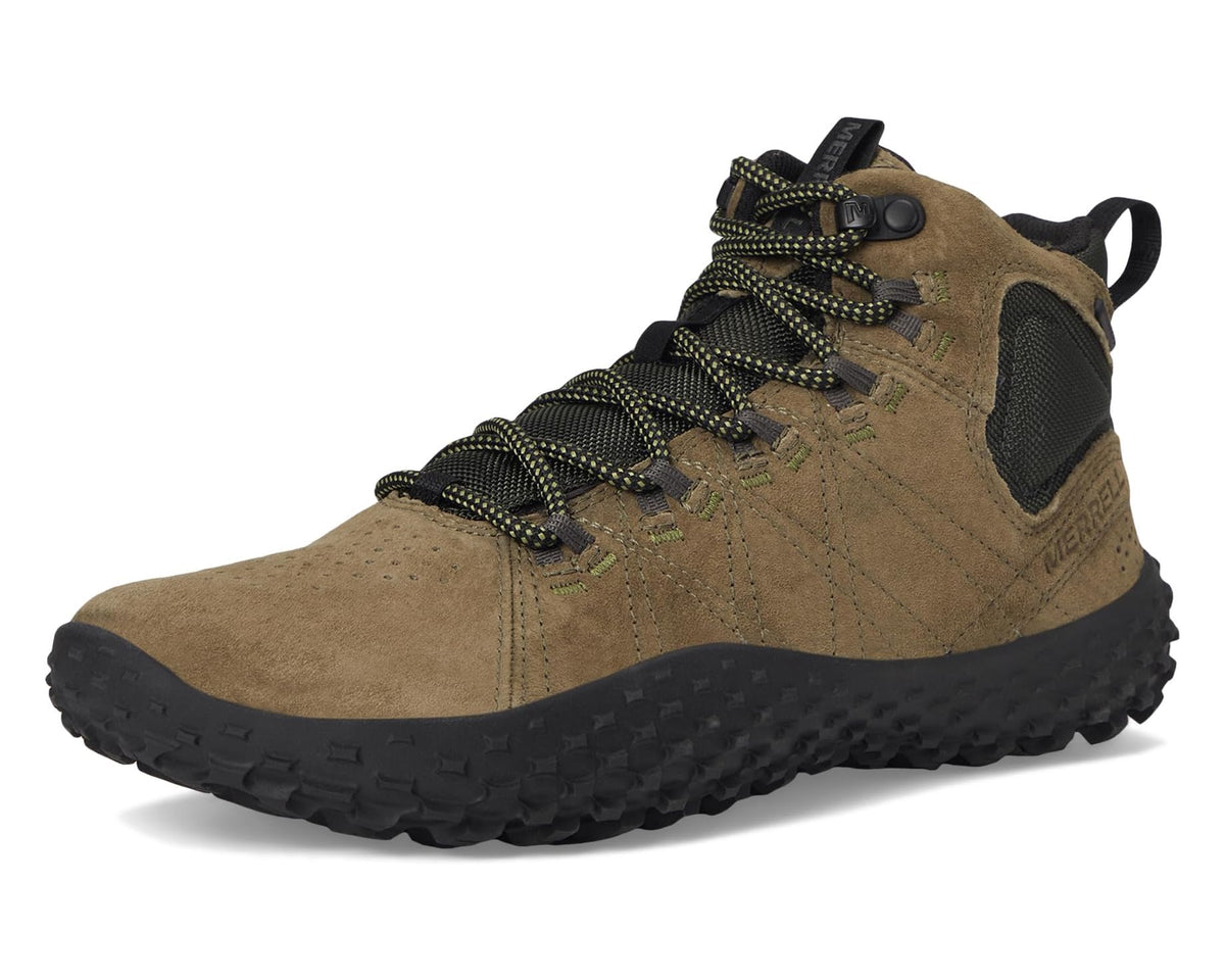 Men's Merrell Wrapt Mid waterproof boot, olive suede with black heel strap and laces