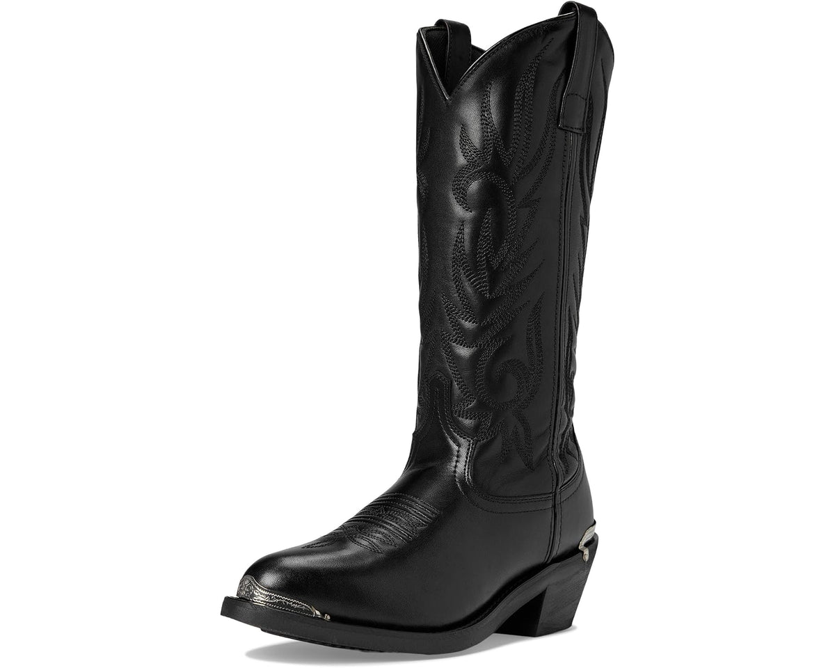 Men's black cowboy boots with full shaft stitching and side pull tab