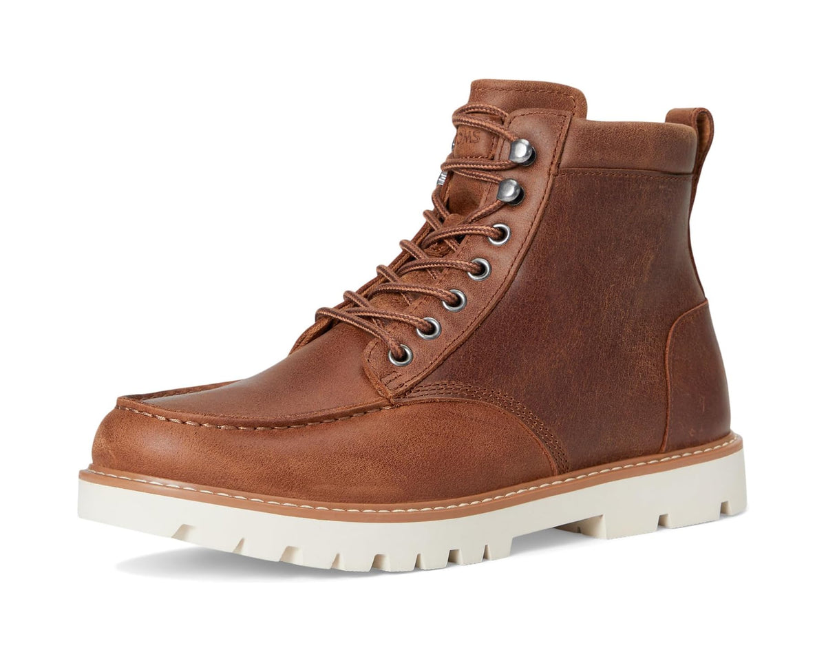 Men's tan leather lace-up boot with water-resistant finish and rugged outsole