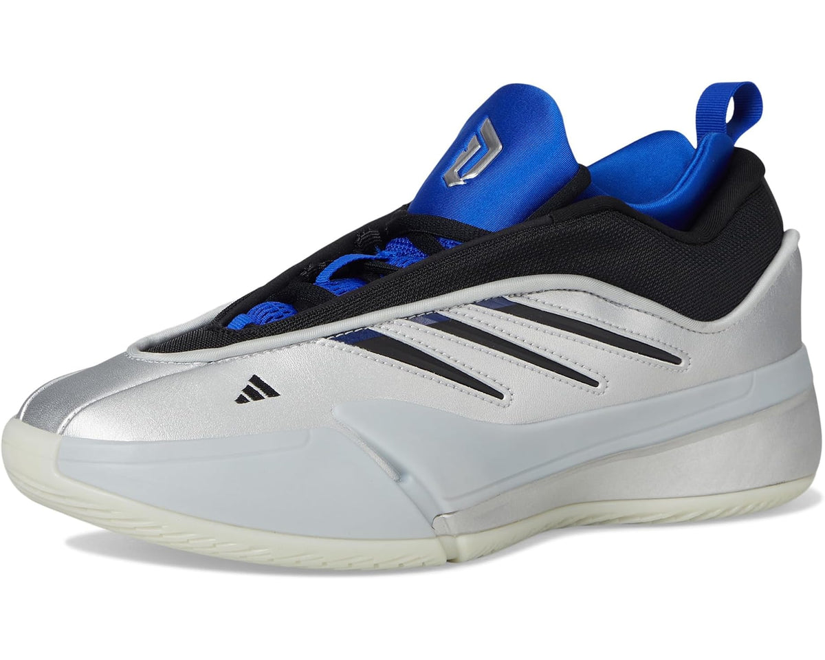 adidas Dame 9 unisex basketball shoes, angled view in silver metallic and black with blue