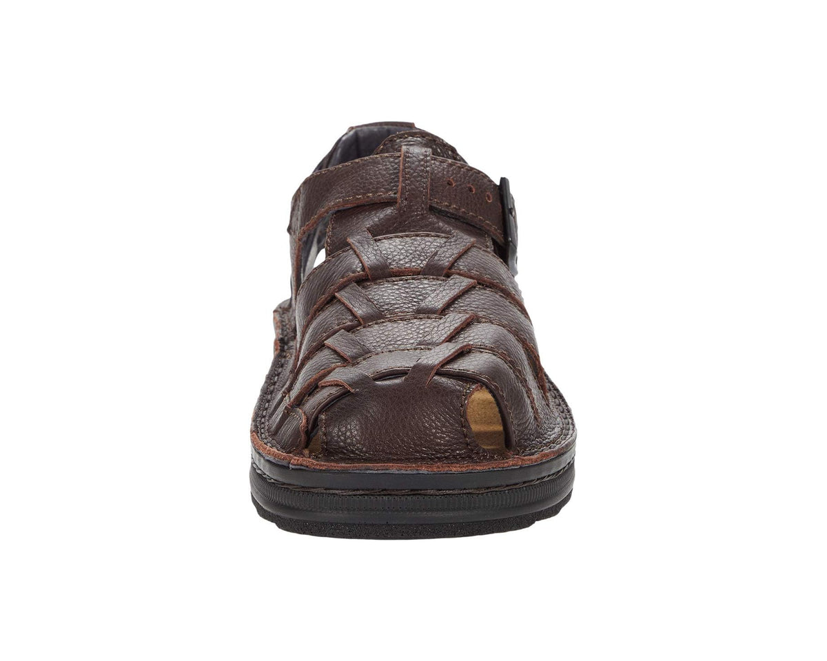 Naot Julius men's brown leather sandal, top view with lace-up style stitching and open toe