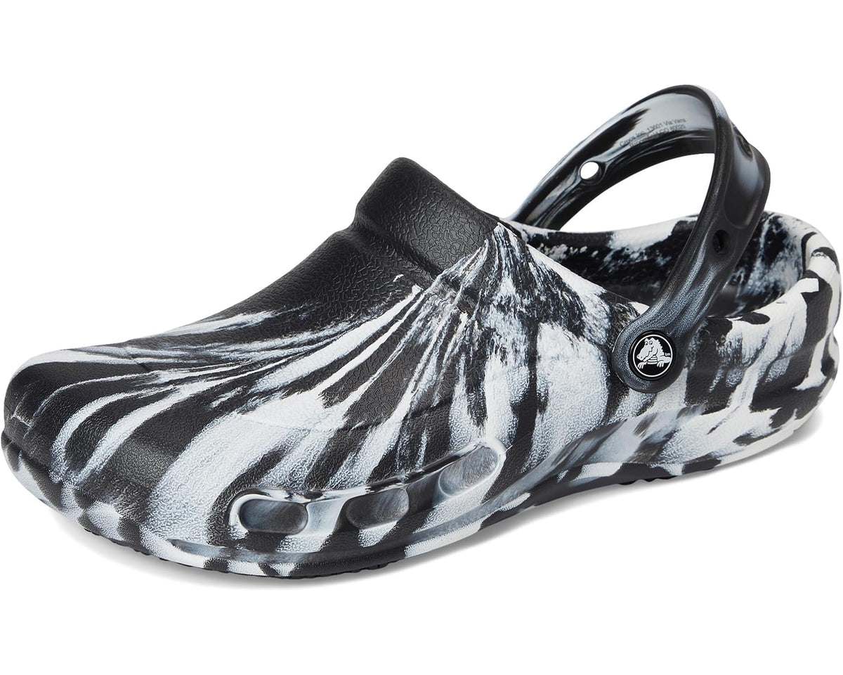Unisex Crocs work clog pair in black and white zebra print, featuring ventilation holes.