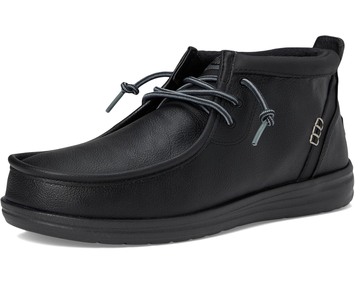 Men's black mid-top lace-up boots with padded collar and rubber sole