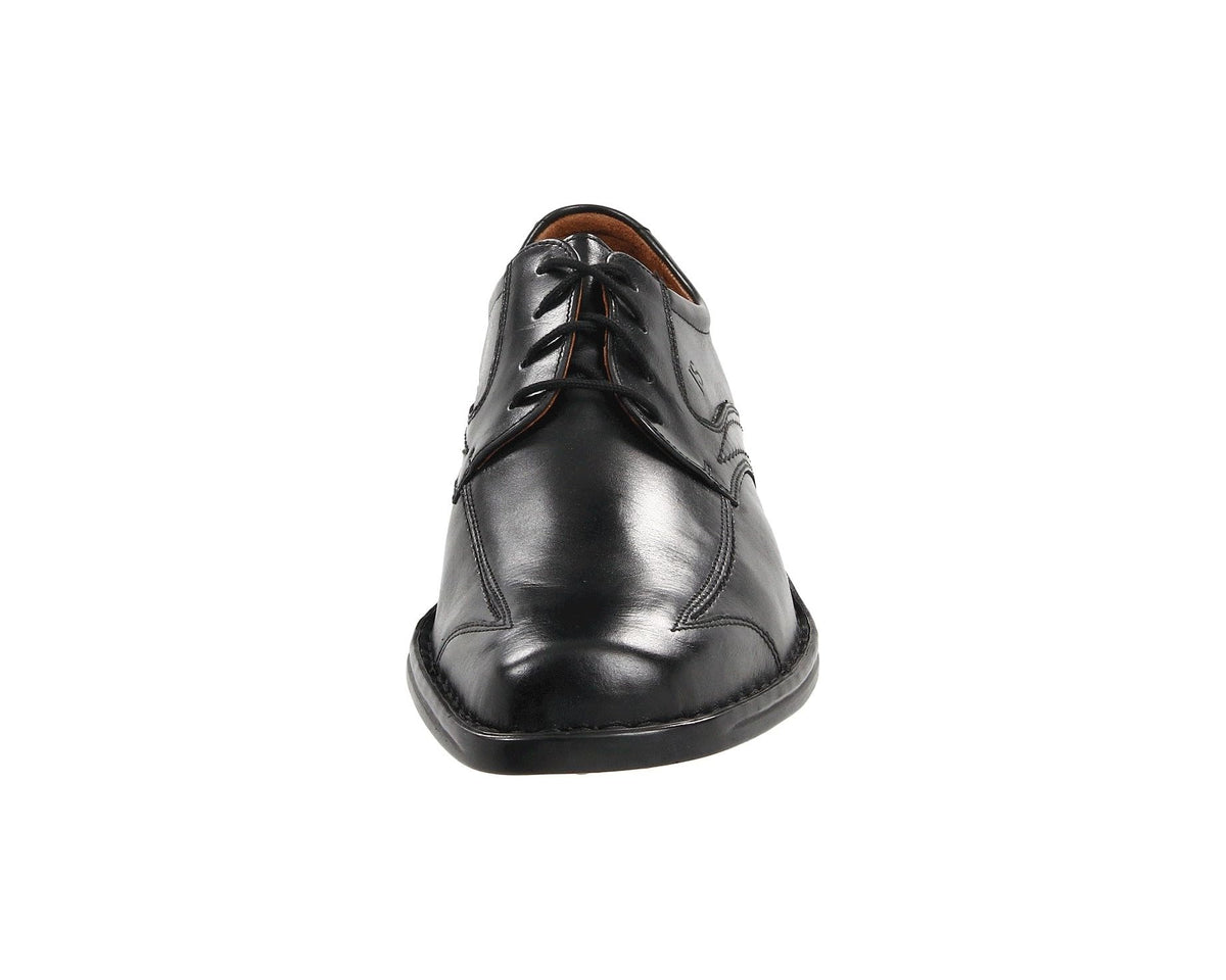 Black leather men's lace-up dress shoe with rounded toe and black laces