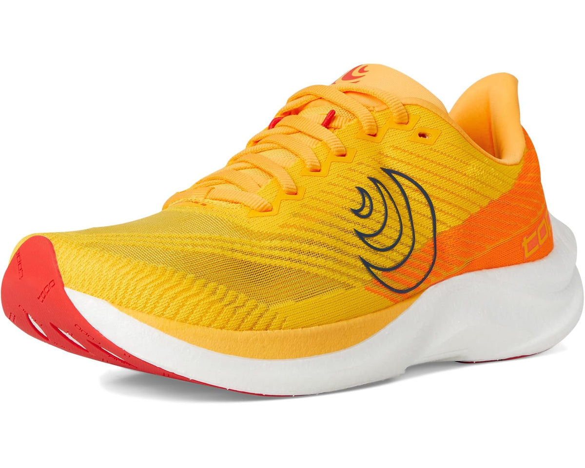 Men's running shoe 3/4 view, yellow/orange mesh knit, navy logo, white cushioned sole