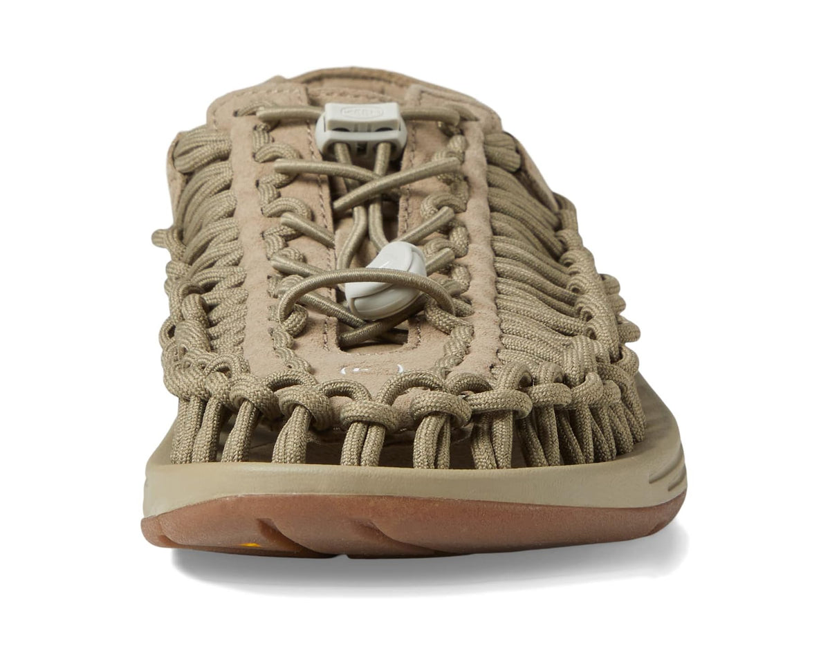 Men's KEEN Uneek sandal in taupe with knit upper and lace bungee loop detail