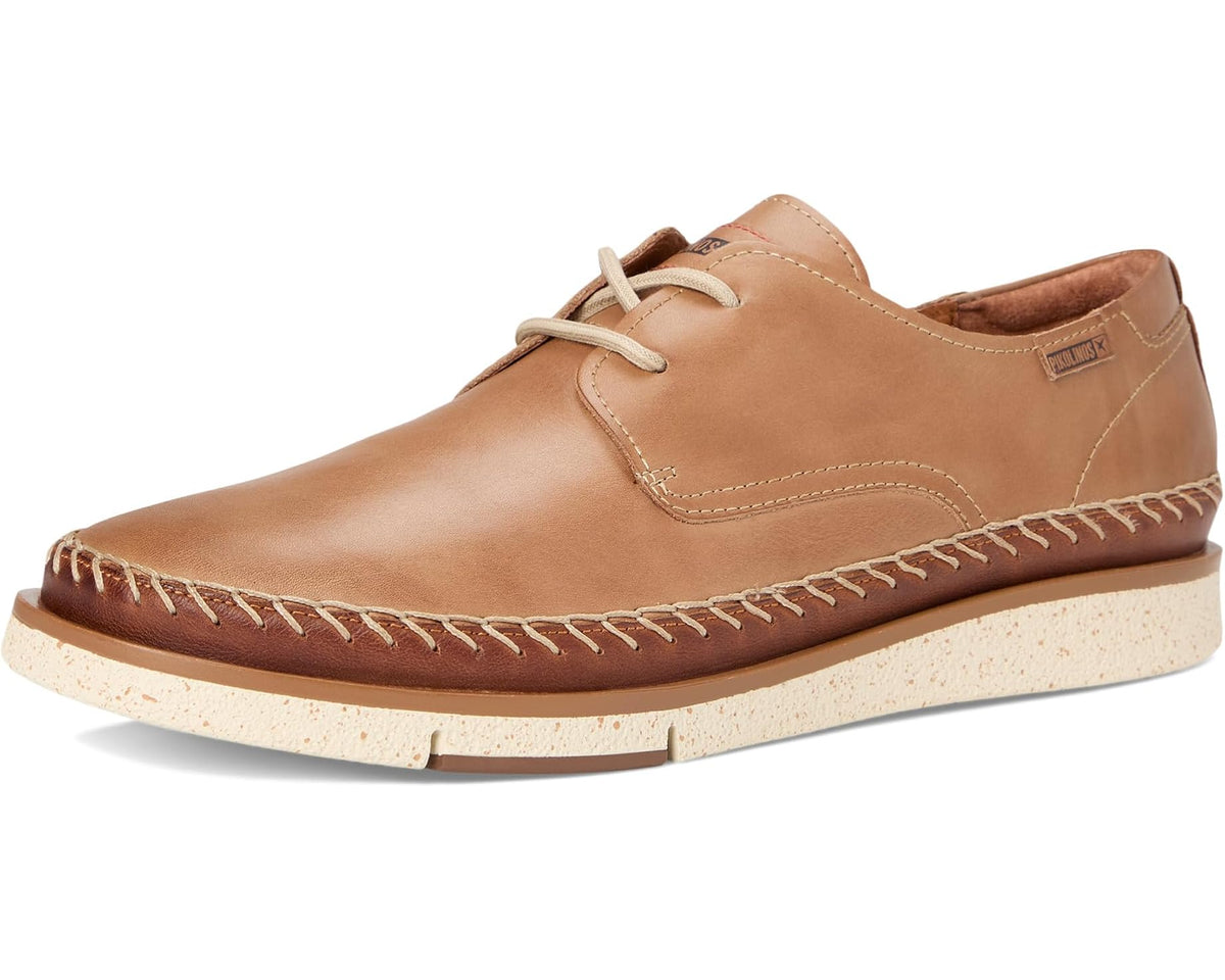 Men's tan leather lace-up casual shoe with moc-stitched trim and cushioned sole