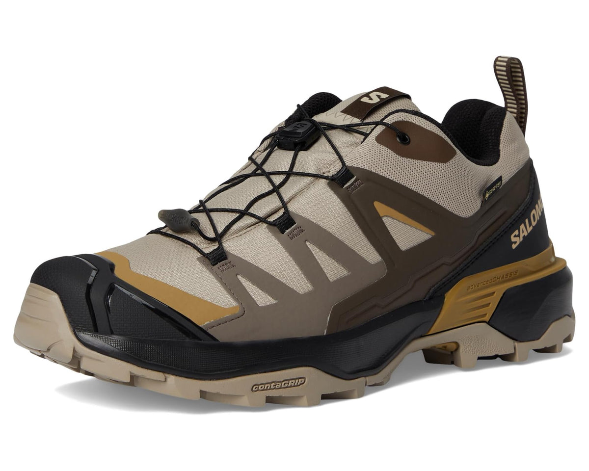 Men's khaki trail hiking shoe angled view with lace-up system and grippy outsole