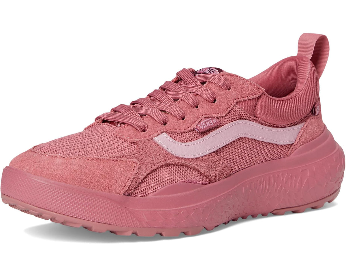Mauve lace-up sneaker with white side stripe and rugged trail outsole