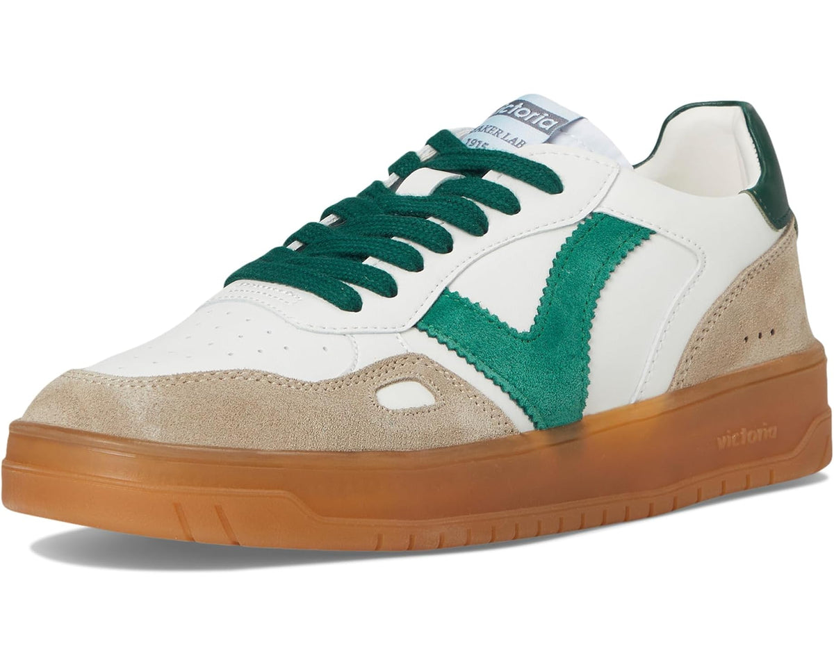 Pair of white, green and tan suede lace-up sneakers with caramel rubber sole