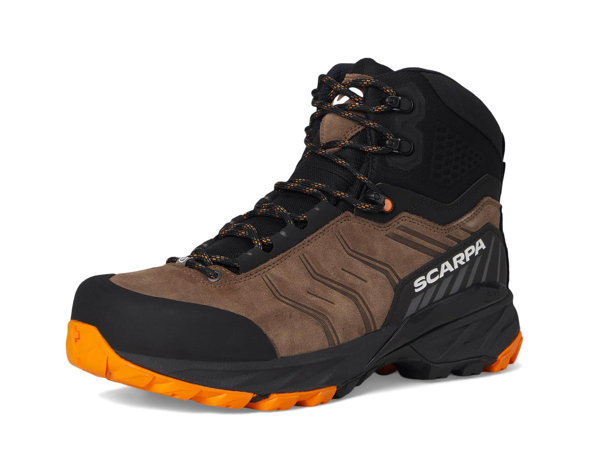 Men's Scarpa high-top hiking boot front view with brown upper and orange outsole trim