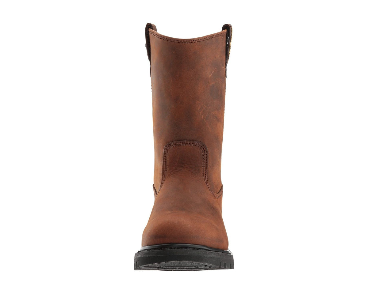 Brown pull-up leather boot rear view with pull tab and low-profile tread