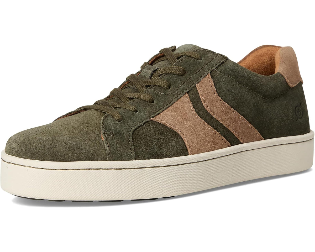 Men's Born suede low-top sneakers, dark green upper with taupe accent stripe