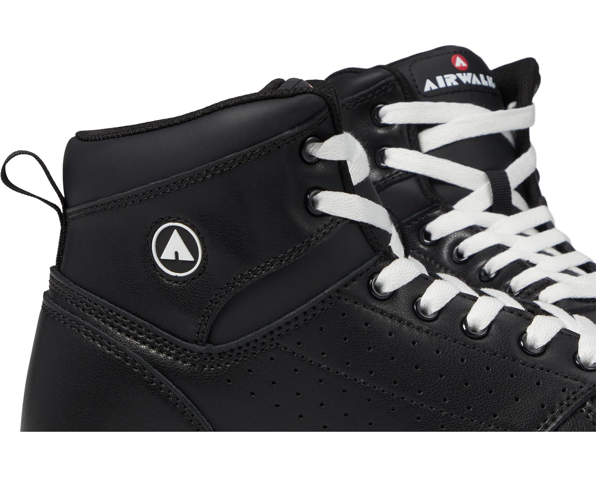 Airwalk men's mid-top sneaker side view, black upper with white lace eyelets and emblem