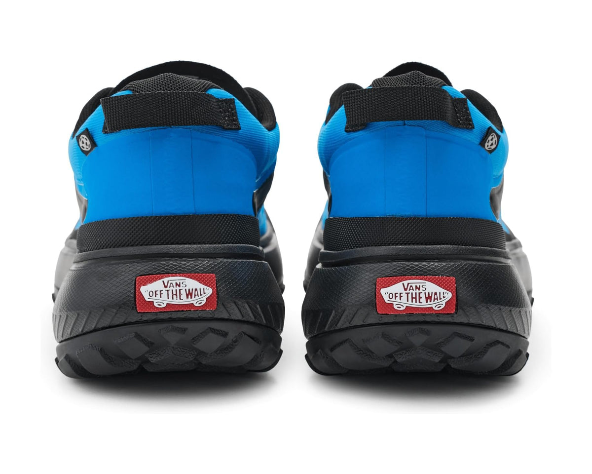 Back view of blue and black sneakers with heel straps and Off the Wall tags