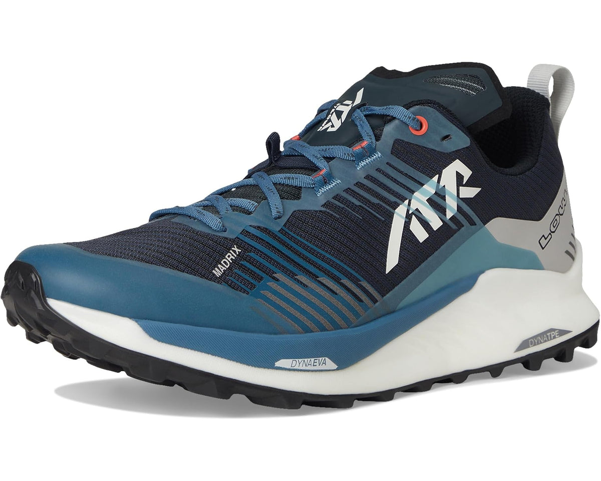 Men's trail running shoe three-quarter view in navy, blue, and white