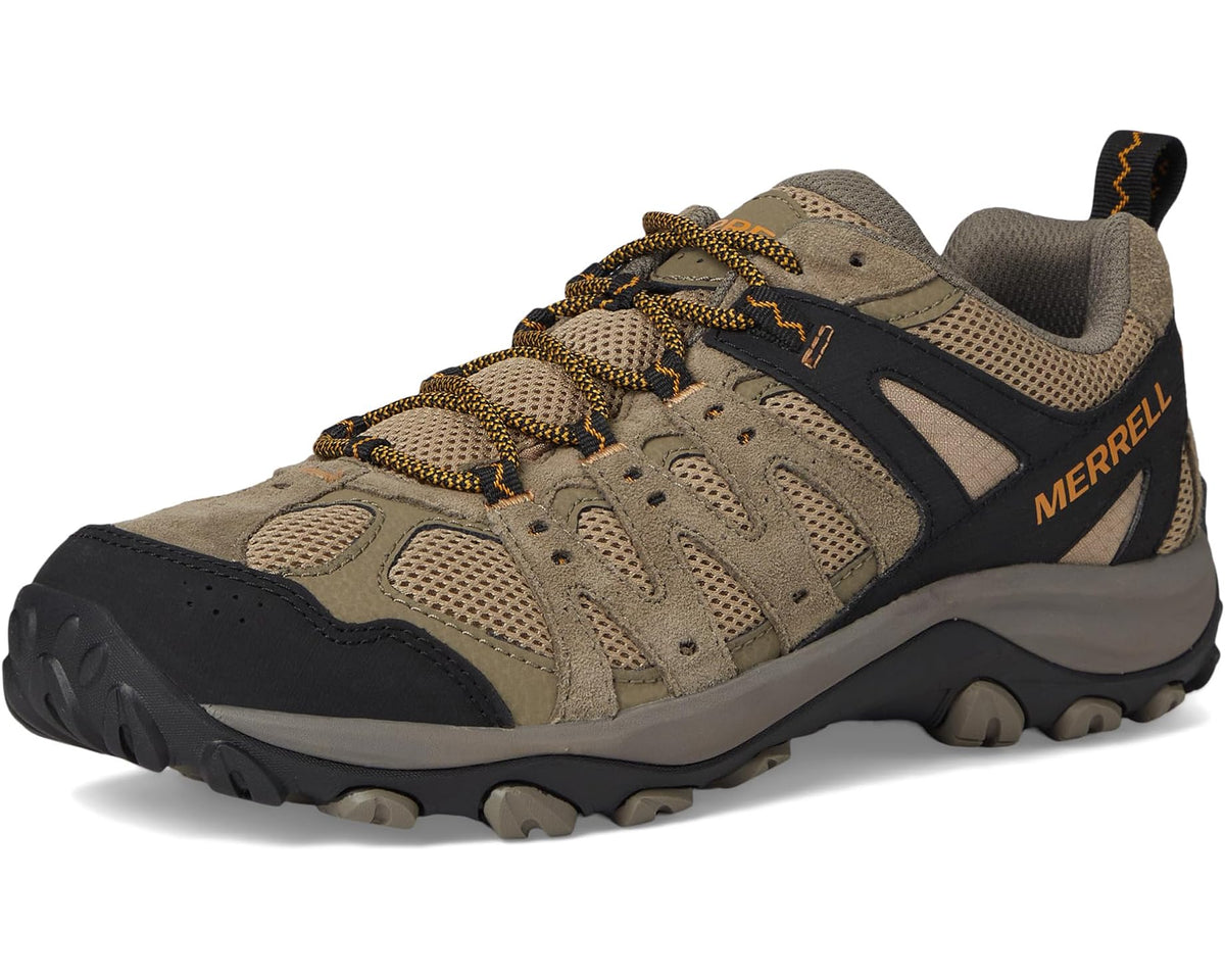 Men's Merrell hiking shoe front view, Pecan and black lace-up with rugged tread