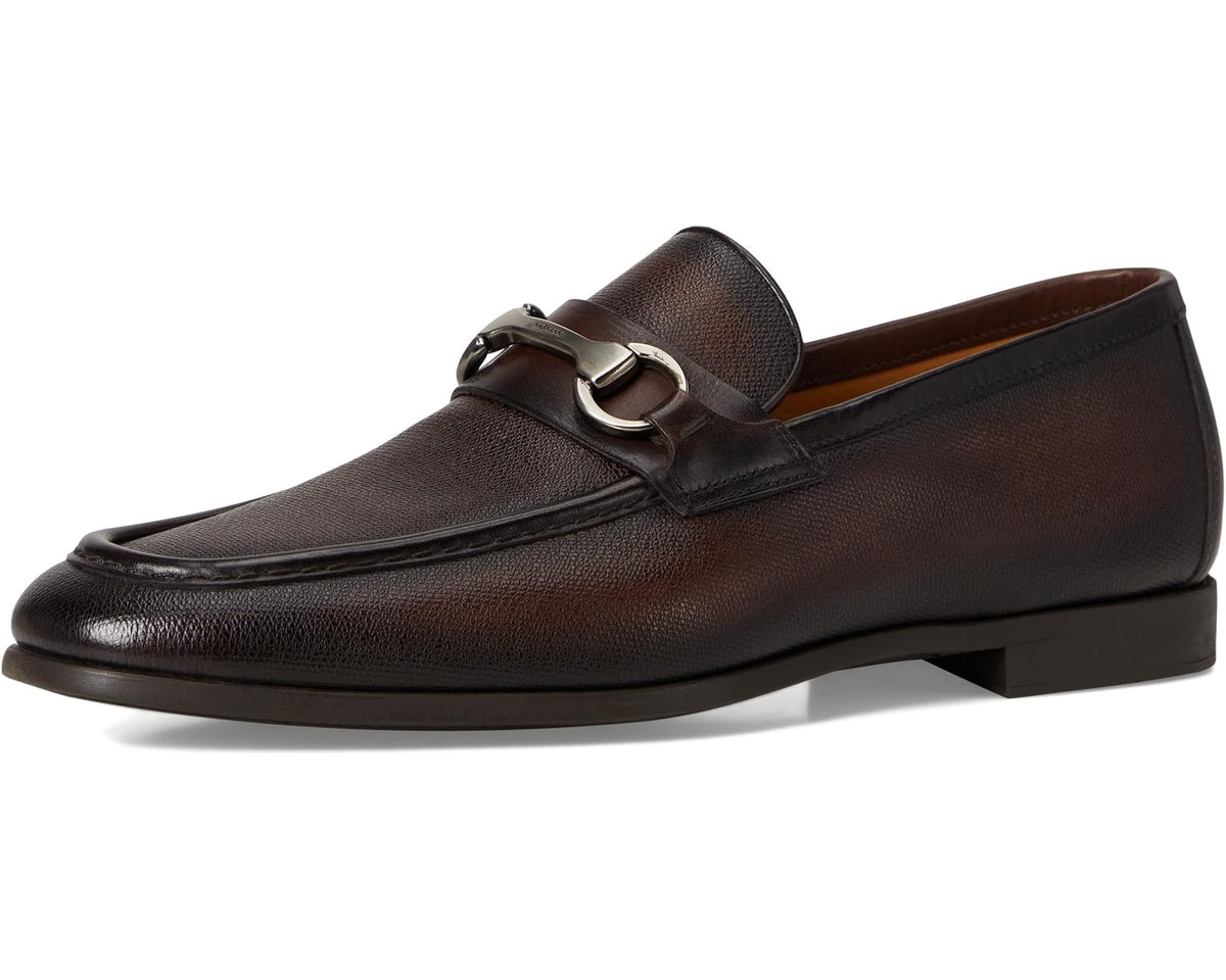 Brown leather slip-on loafer with metal horsebit strap, side profile
