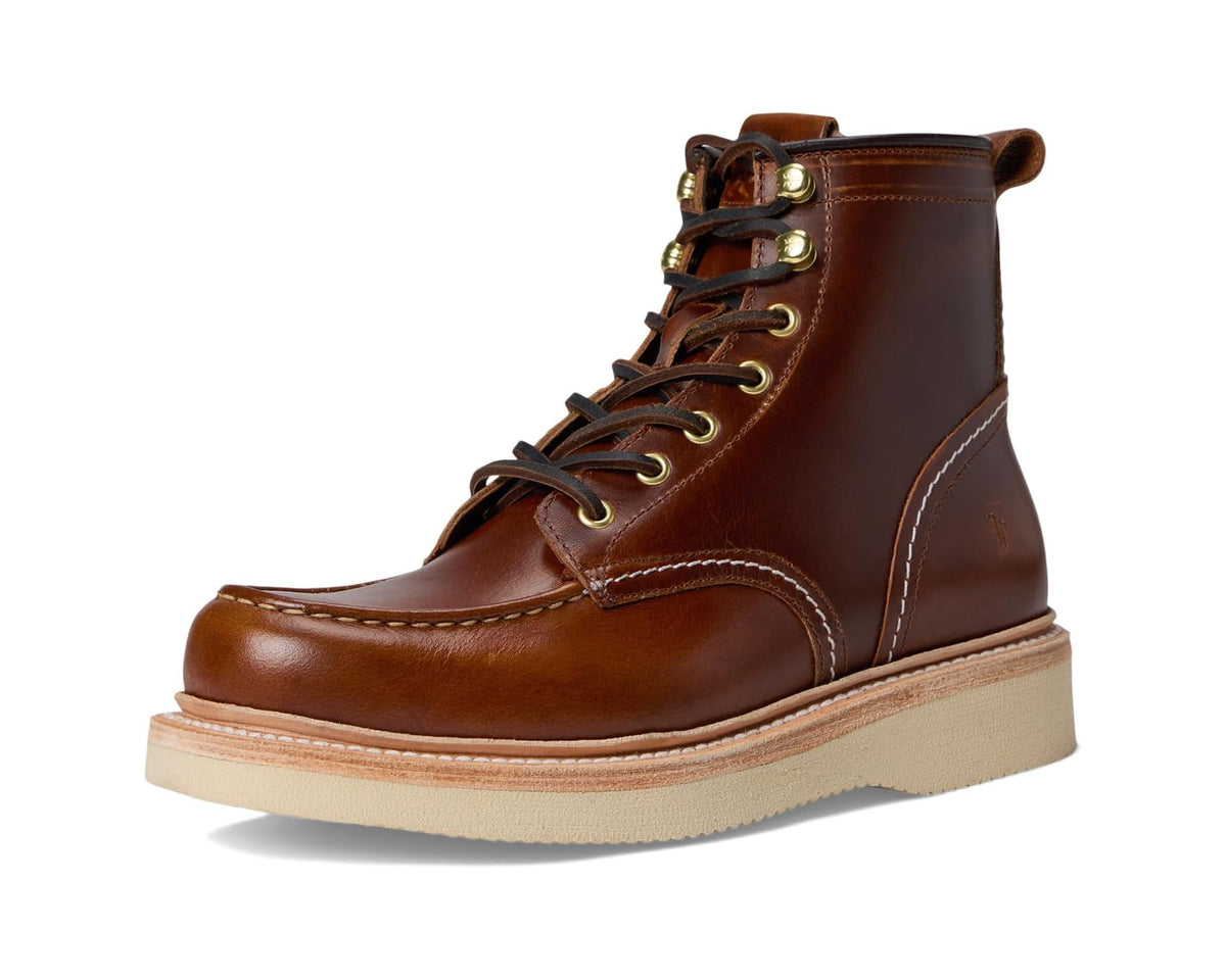 Brown leather men's lace-up wedge workboot with padded ankle collar and pull tab