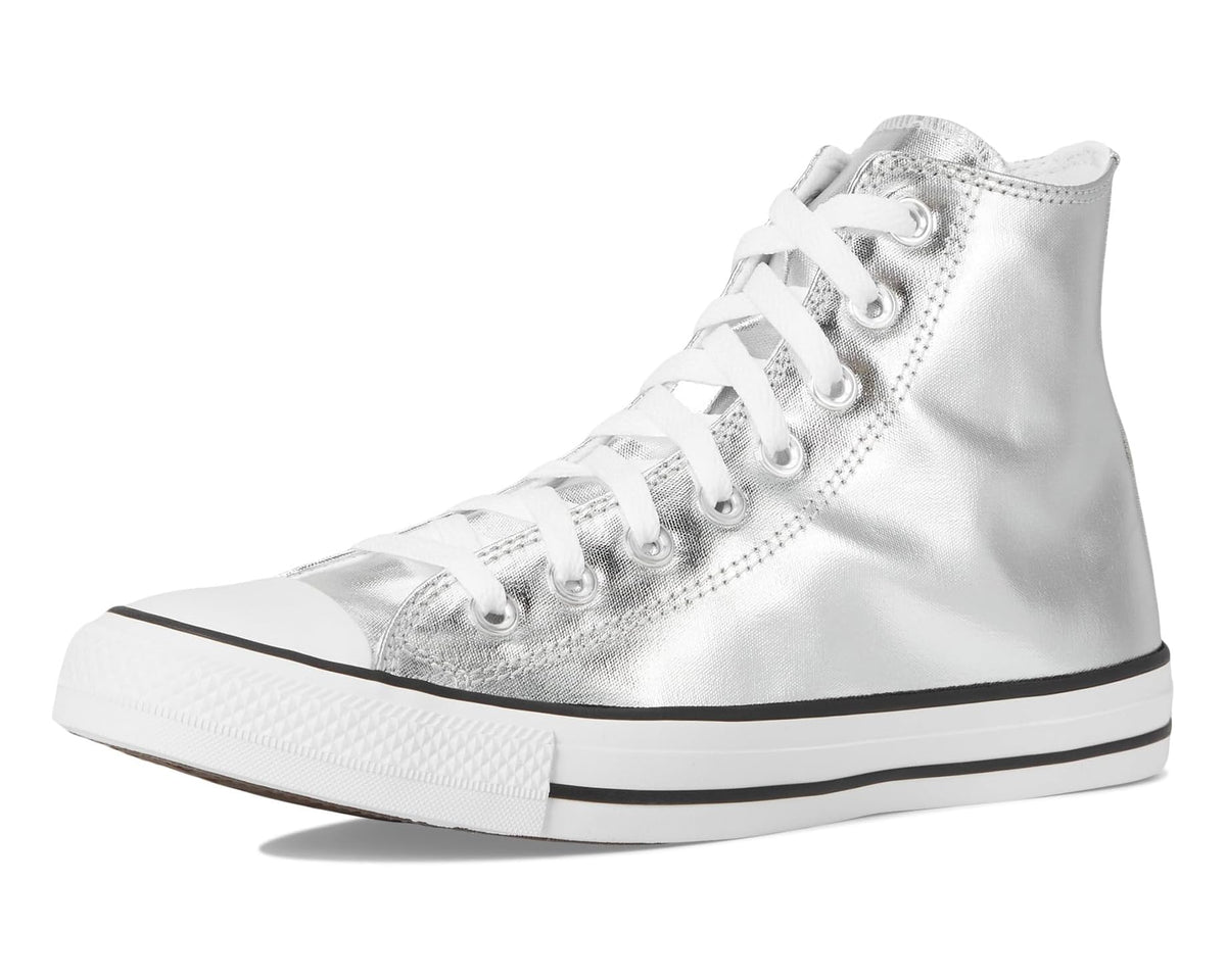 Metallic silver high-top lace-up sneaker with black rubber toe cap and white sole