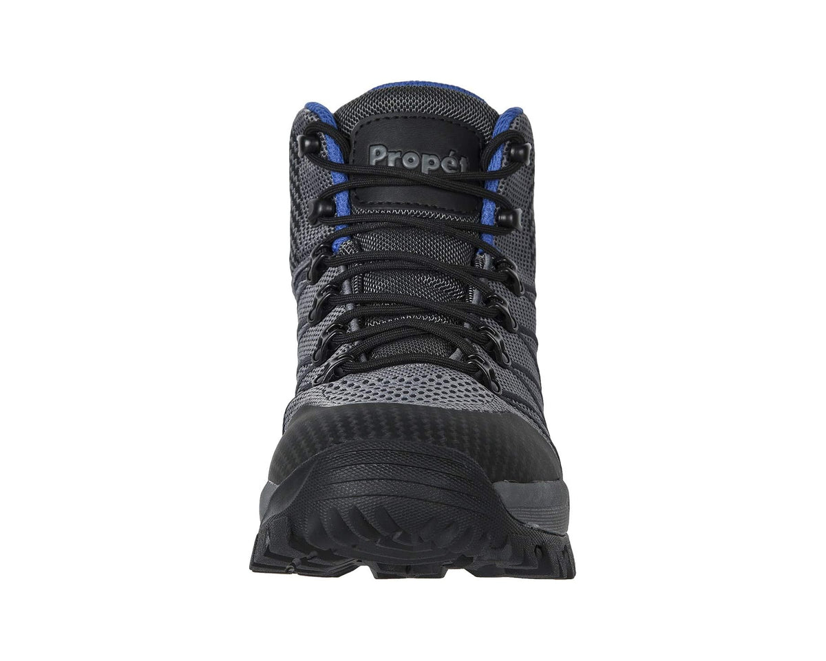 Men's grey mesh high-top hiking boot with black laces and blue collar, front view.