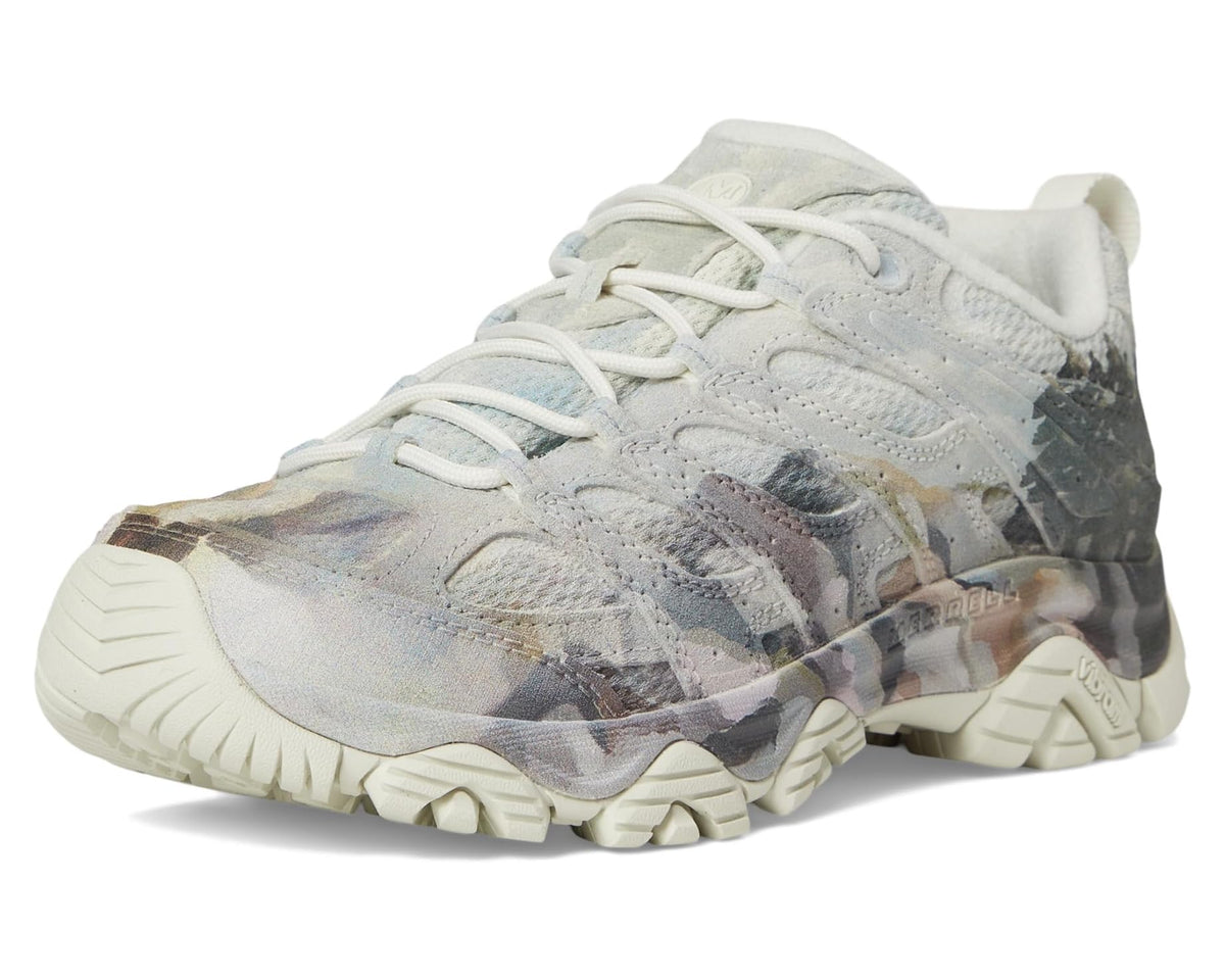 Light ecru lace-up hiking sneaker with multicolor camouflage panels and thick sole
