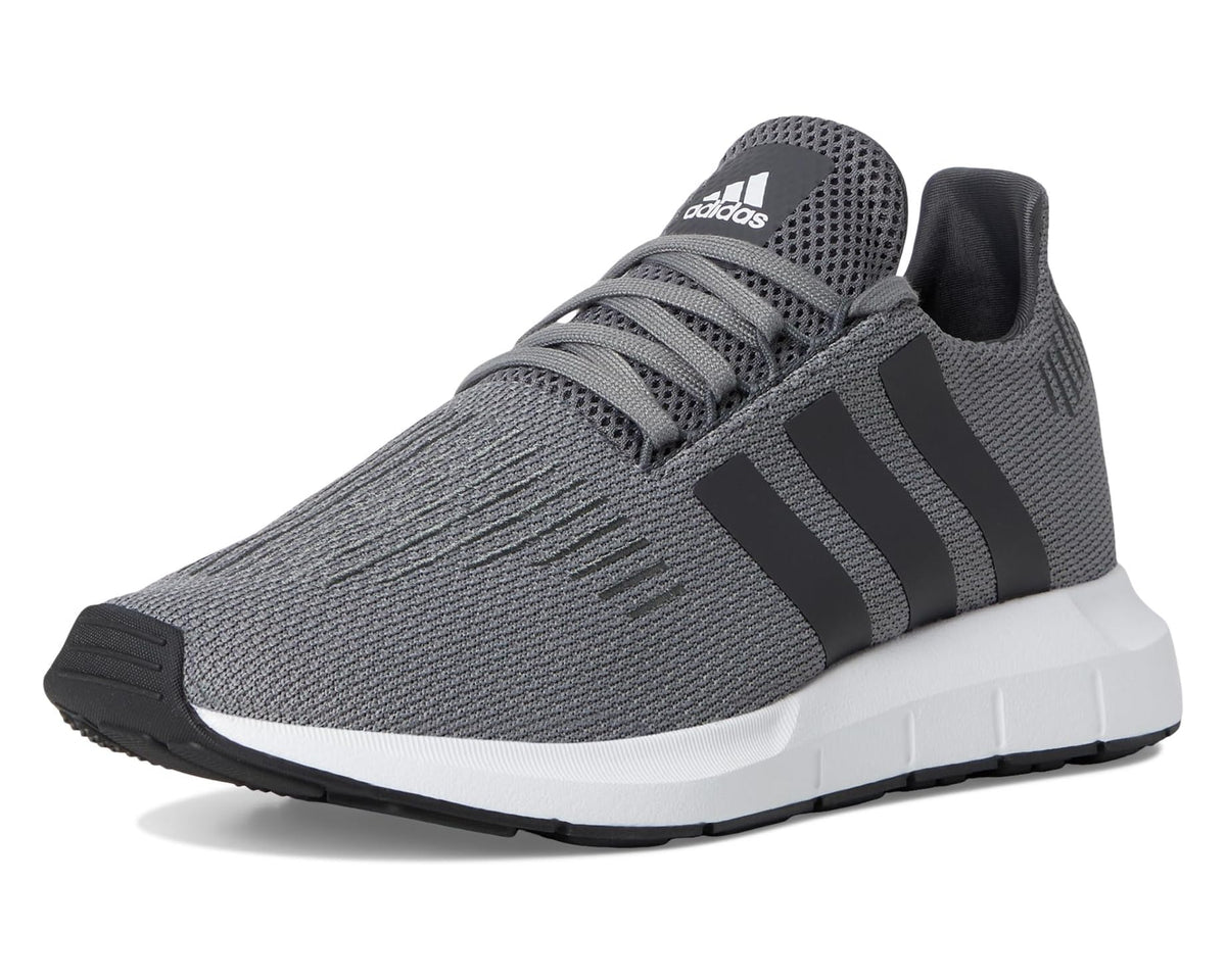 Men's grey knit running sneakers with black 3-stripe side and white midsole
