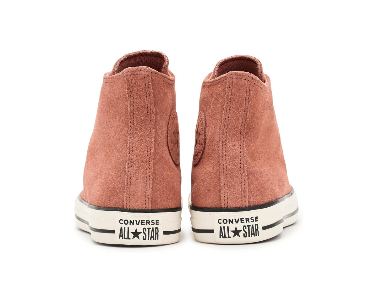 Back view of Converse All Star burnt orange suede high-top sneakers with heel branding