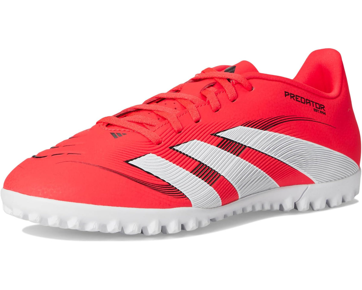 Unisex adidas Predator turf soccer cleats, Lucid Red with white/black stripes, angled view