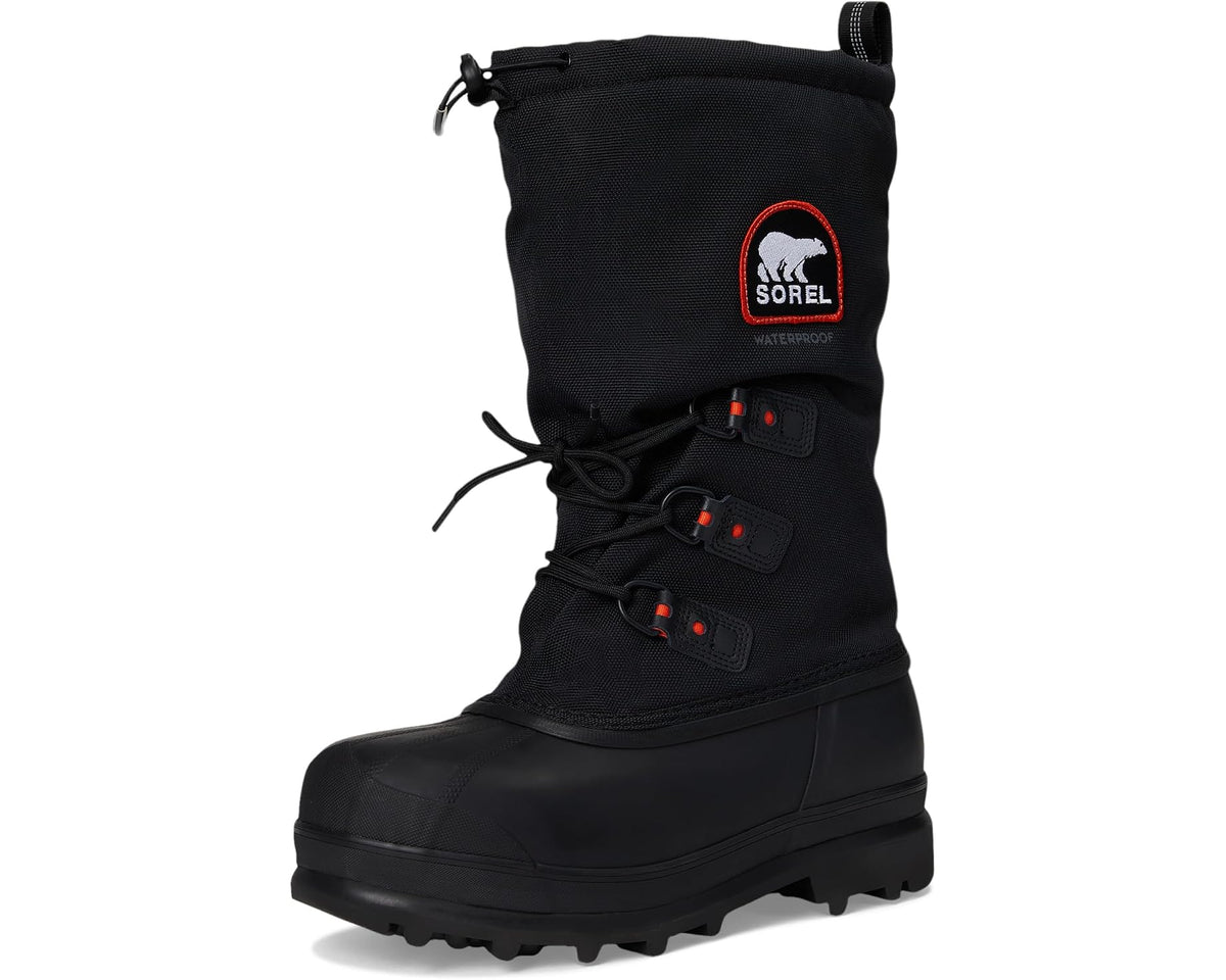 Men's black winter boots with red hardware, lace-up top, and lugged rubber outsole