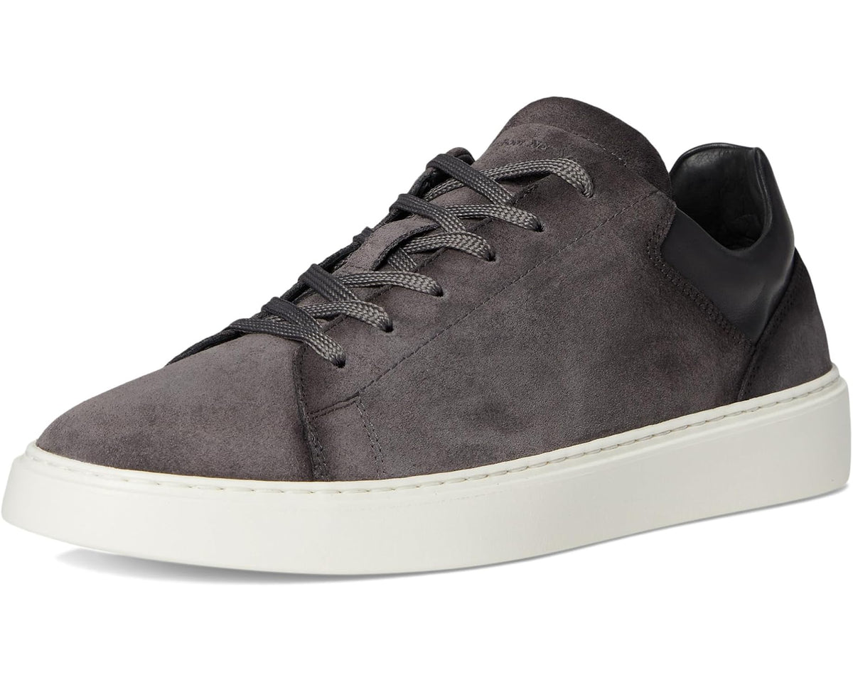 Men's grey suede lace-up sneakers with black heel tab and white rubber sole