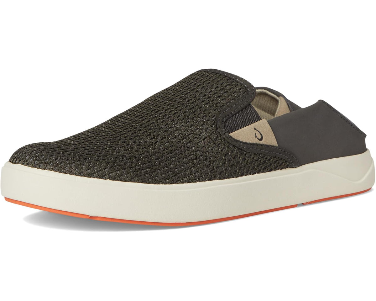 OluKai men's slip-on sneaker angled view with dark brown mesh and gray heel detail