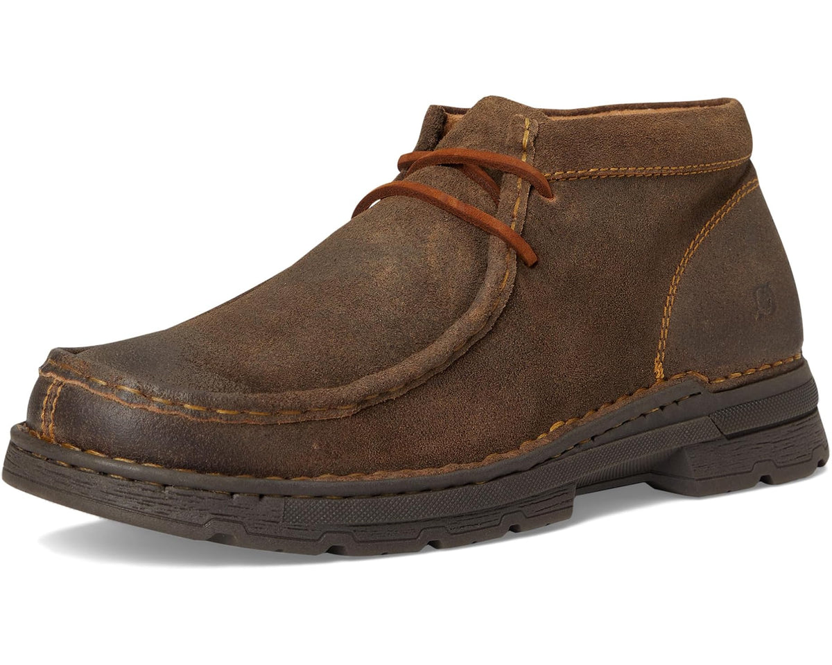 Taupe suede chukka boot with lace-up top and contrast welt stitching