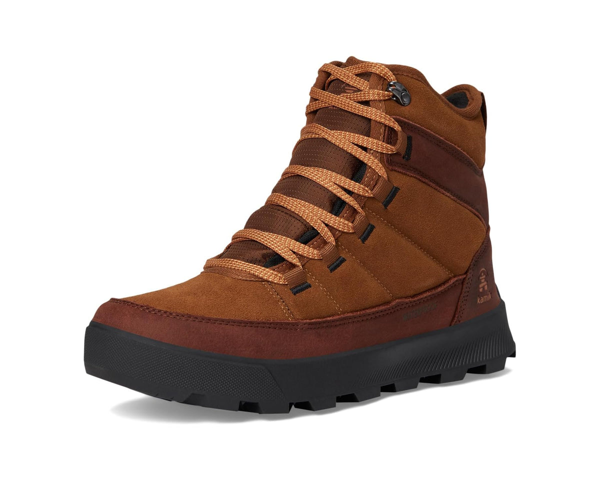 Brown lace-up ankle boot with thick black tread sole and padded collar