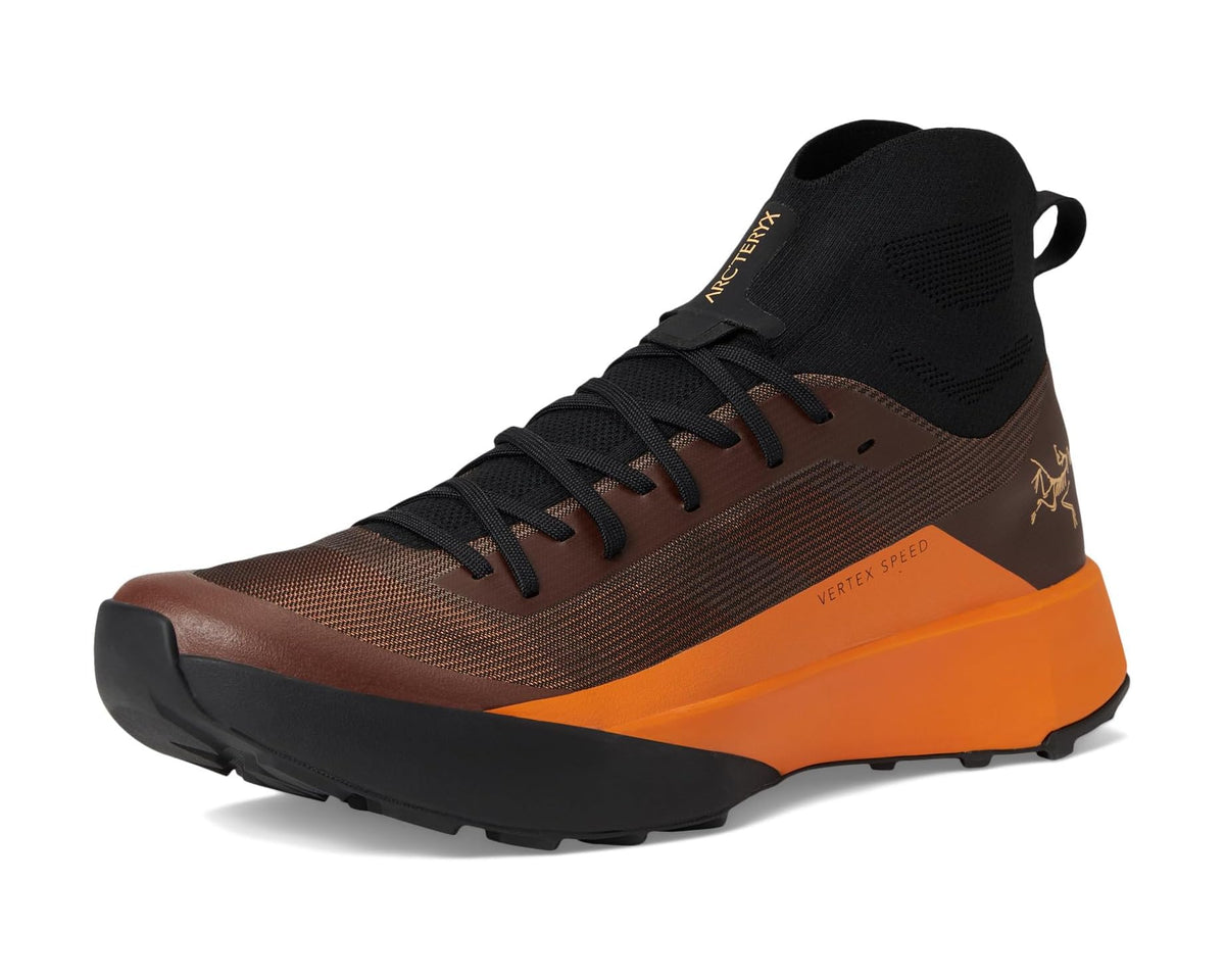 Arc'teryx Vertex Speed trail shoe, dark upper with brown mesh and orange outsole