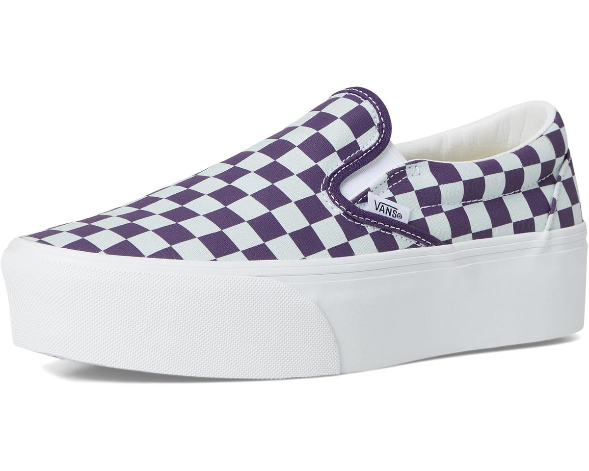 Checkerboard canvas slip-on platform sneaker in purple and white, thick white sole