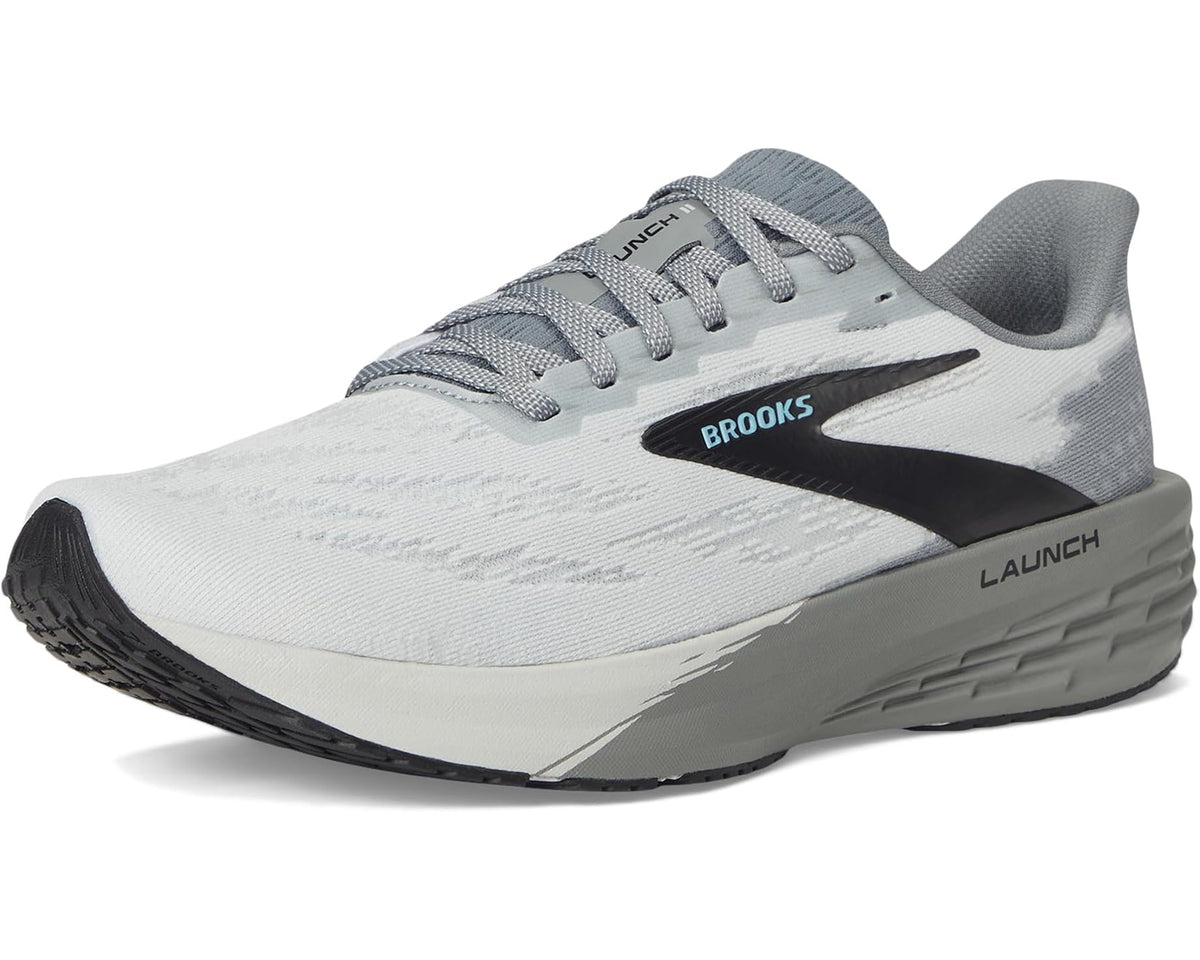 Light gray men's running shoes with blue heel tab, Brooks logo, and foam midsole