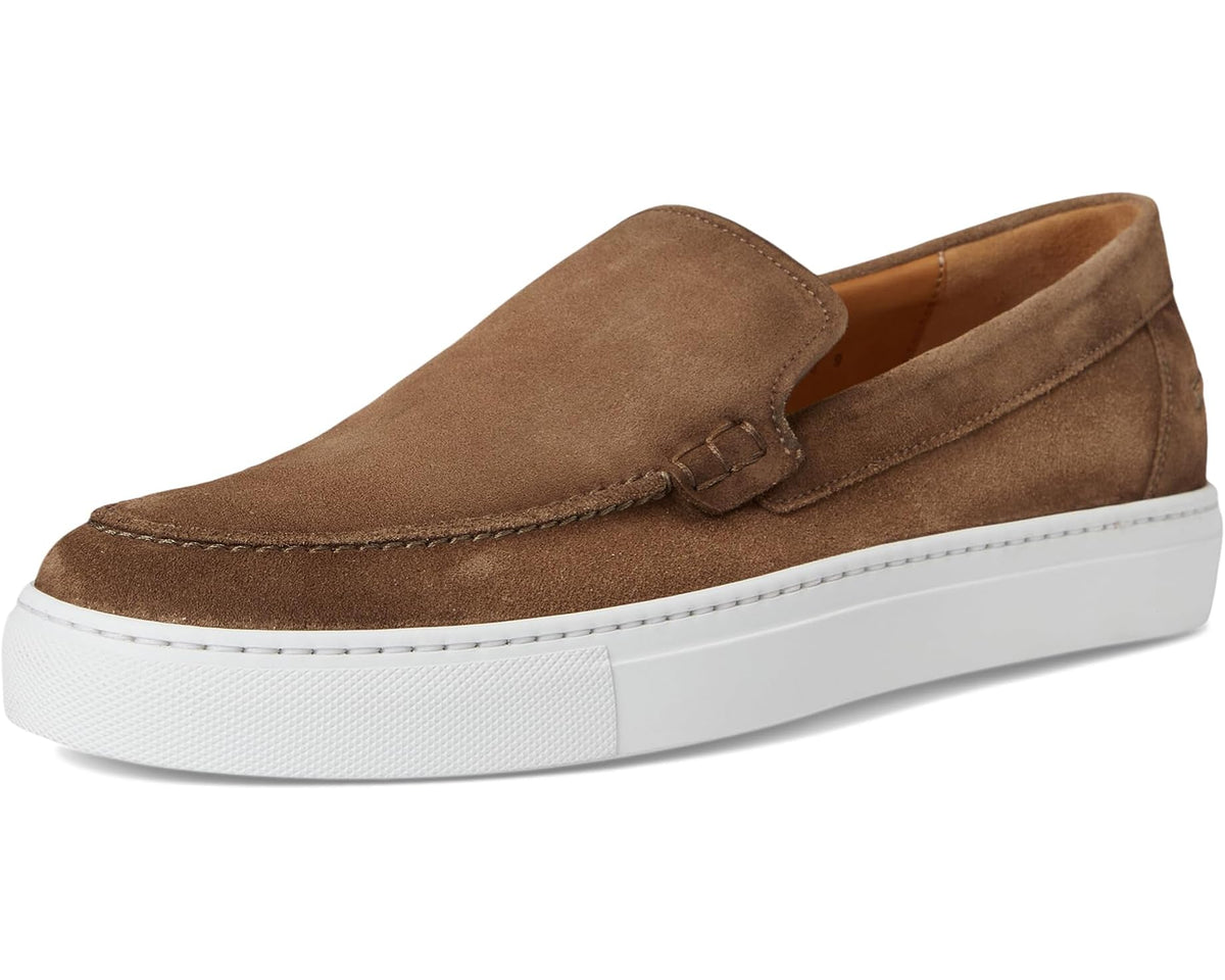 Suede slip-on moccasin in brown with white sole and side seam stitching