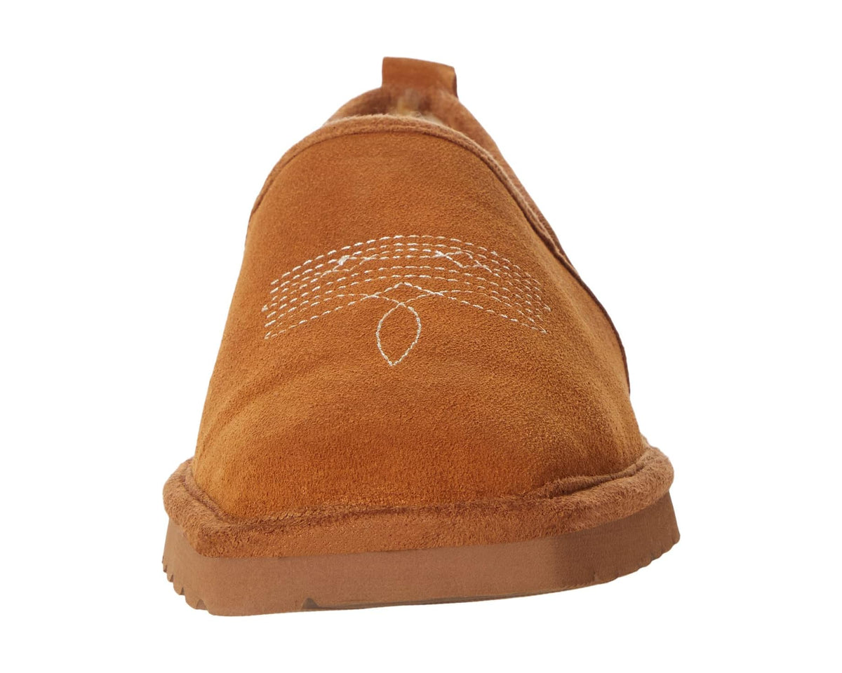 Ariat Lasso suede slip-on shoes in chestnut, back top view with stitched motif