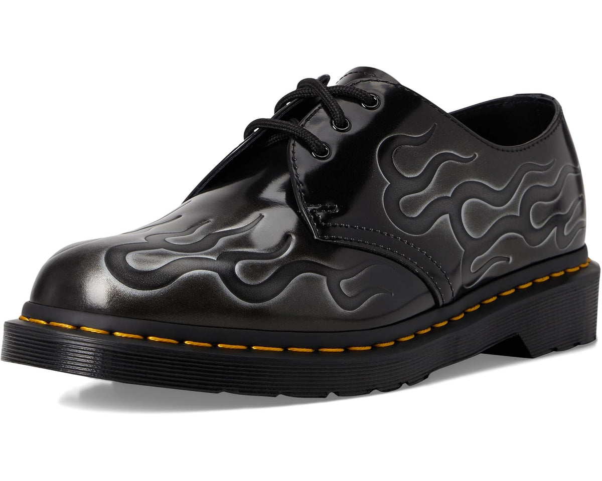 Dr. Martens 1461 Inferno lace-up shoes, black with silver flame pattern, front side view