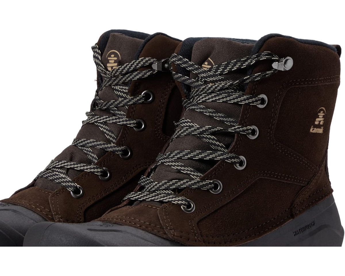 Close-up of chocolate-brown lace-up boot with patterned laces and metal hooks