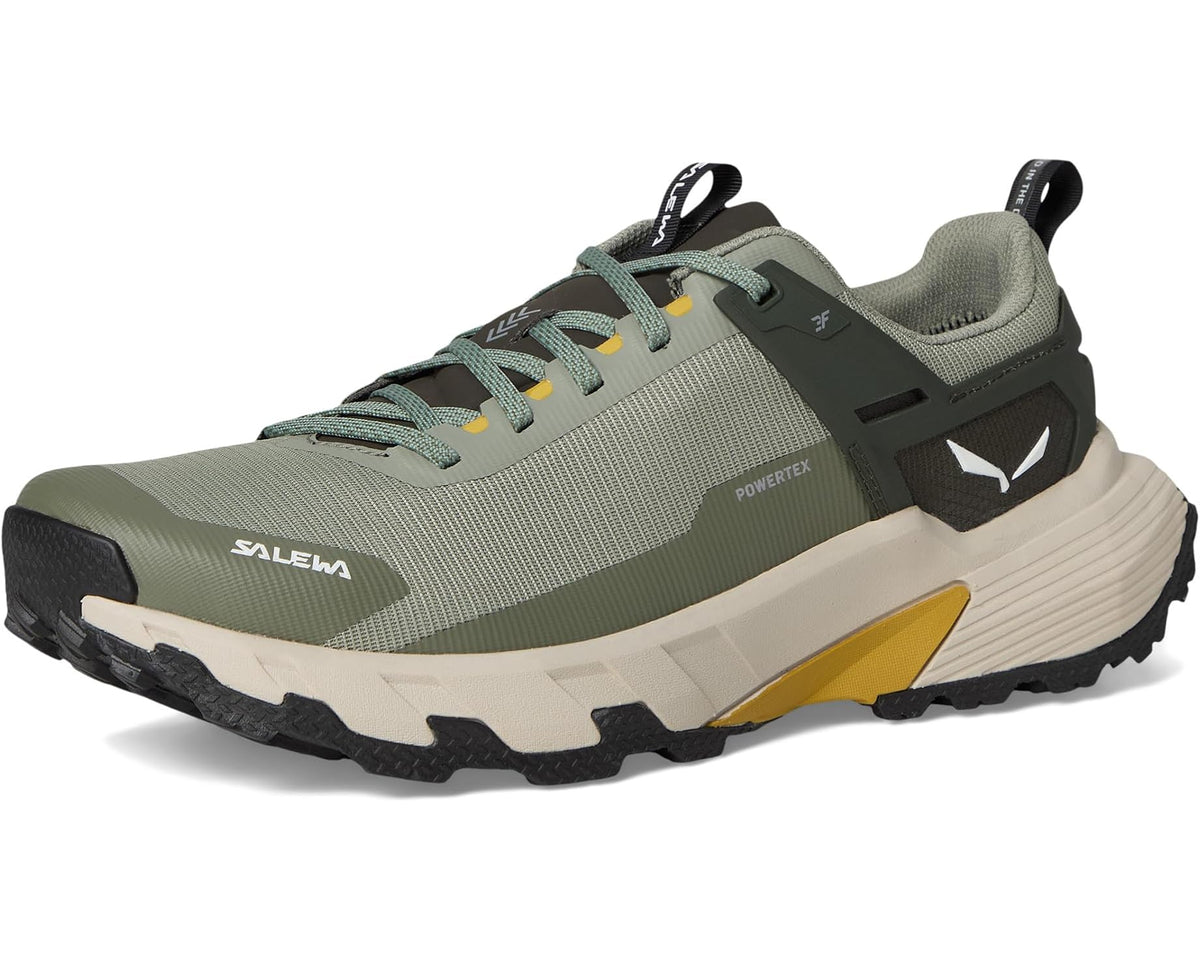Men's olive trail shoes with lace-up front, POWERTEC details, and black tread sole