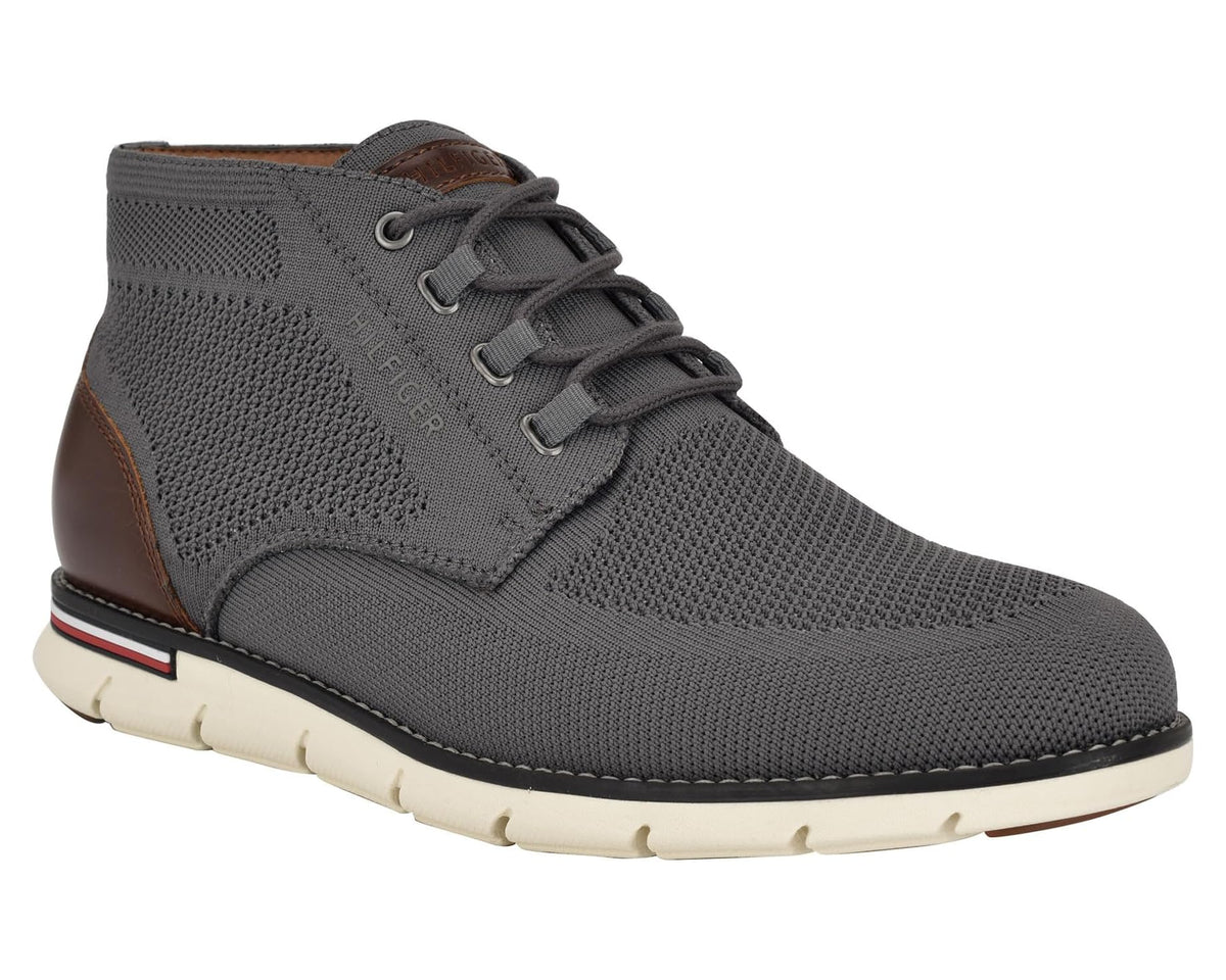 Dark grey lace-up high-top sneaker with brown heel tab and cream sole edge stripes