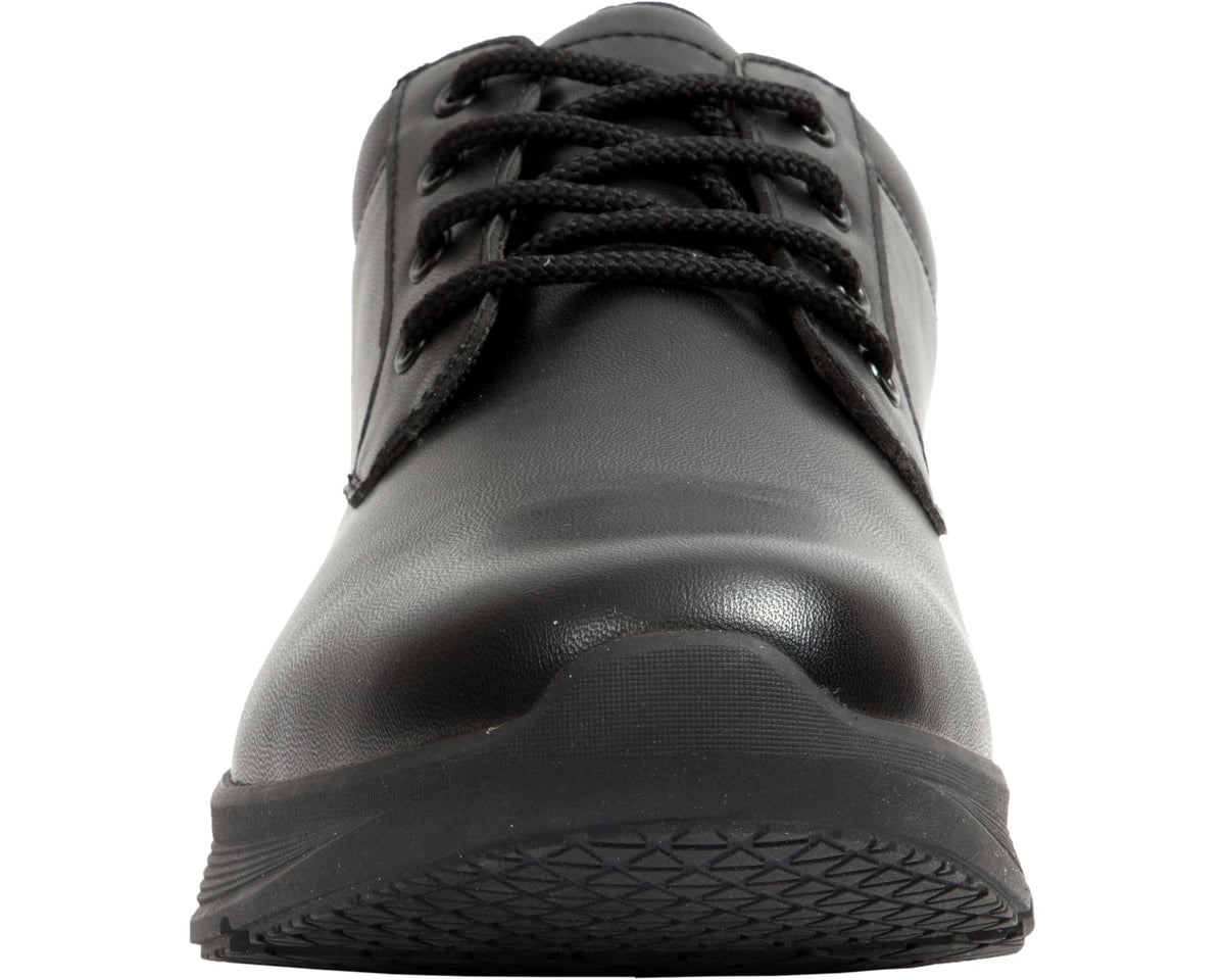 Men's black lace-up work shoe toe view with textured rubber sole
