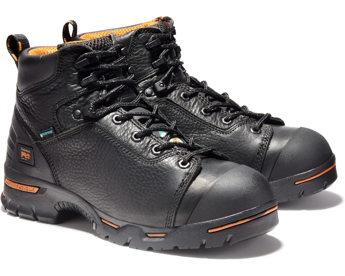 Black waterproof lace-up work boots with steel toes, orange lining, and deep tread