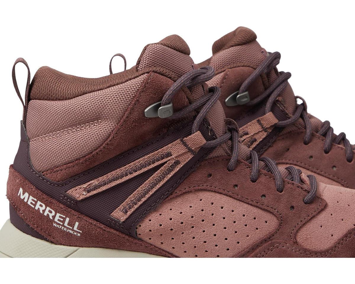 Brown Merrell waterproof mid-top boot with lace-up, TPU overlays, and breathable upper