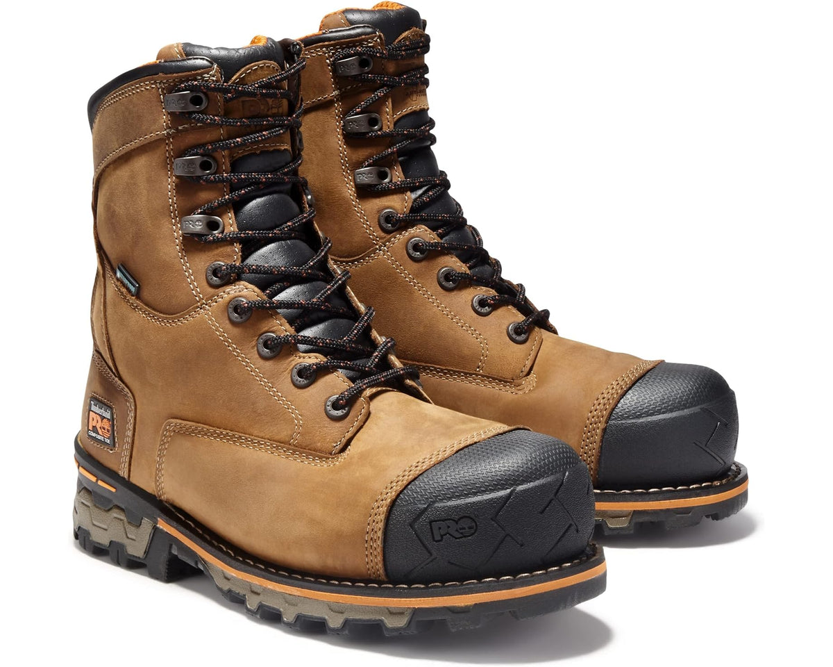 Men's Timberland PRO 8in boots pair, brown leather with orange edge trim and black soles