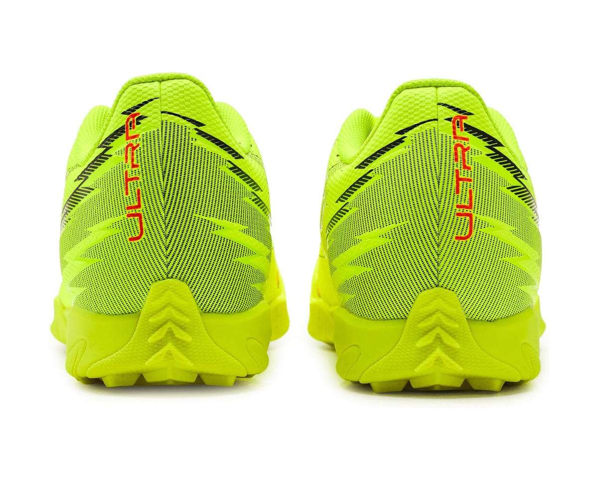 Neon yellow turf soccer cleats, rear view with ULTRA lettering and molded heel tread