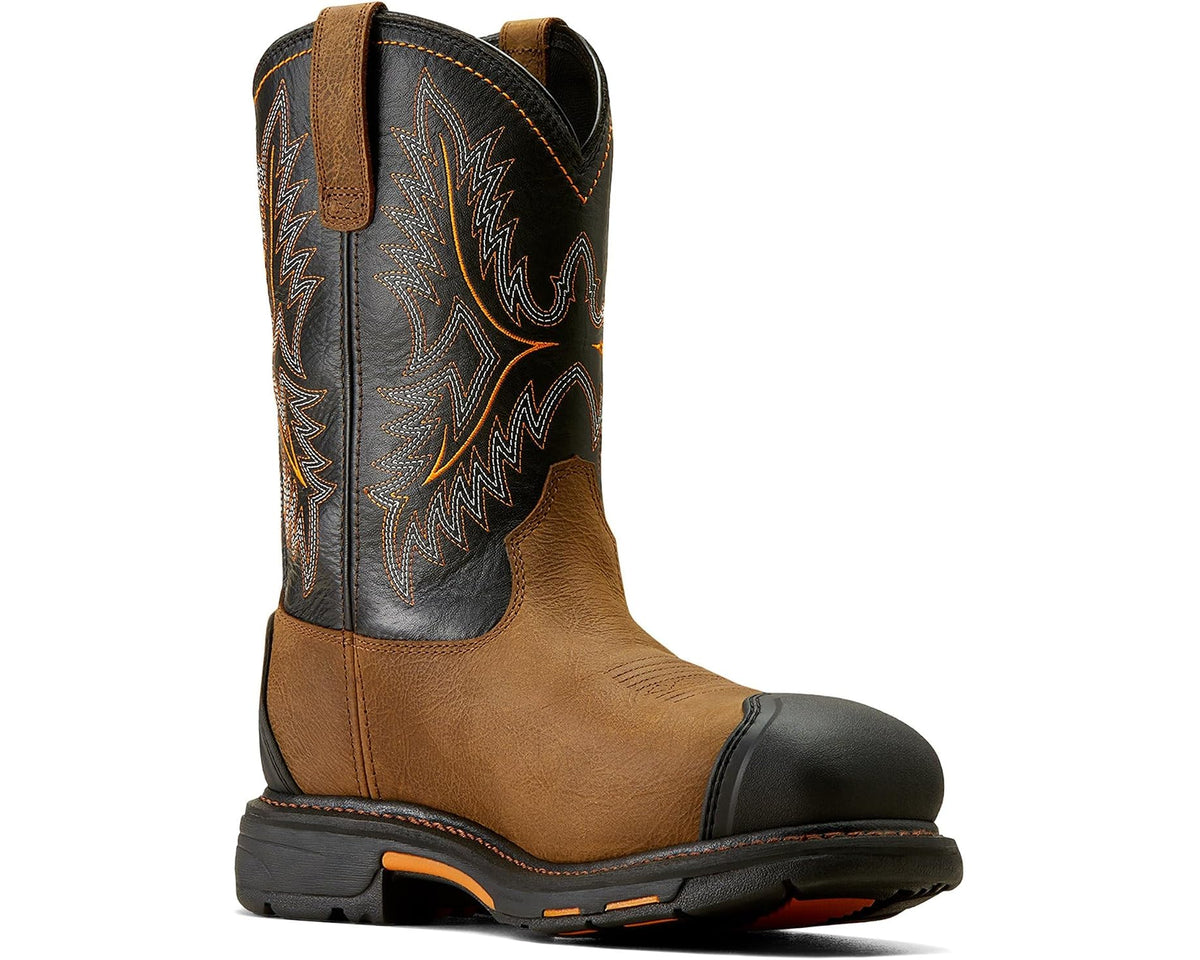 Side view of rye brown and black men’s work boots with composite toe and western stitching