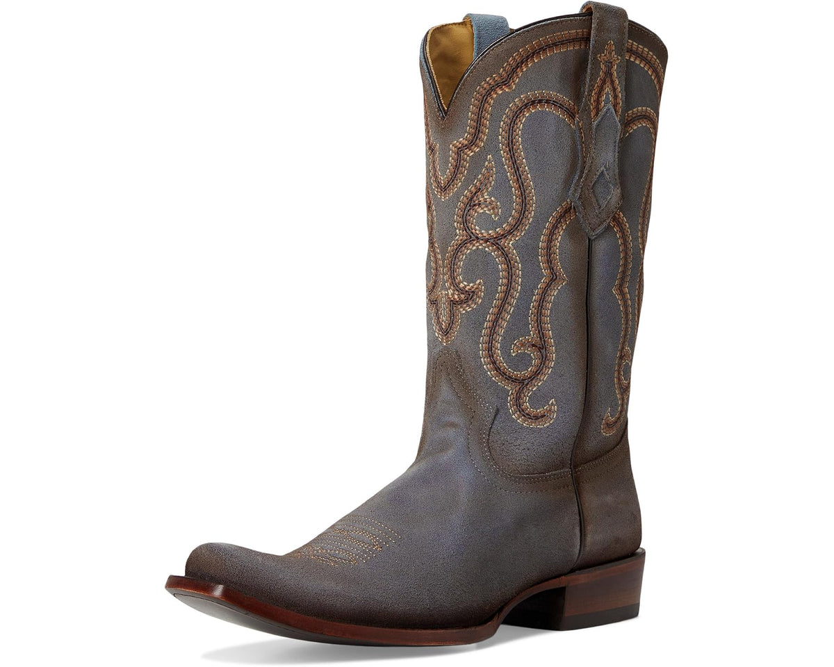 Men's cowboy boots full view with tan swirl embroidery on dark blue shaft